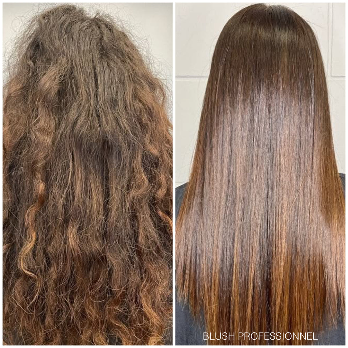 Cheveux avant et après un traitement de Lissoplastie BLUSH avec un résultat plus lisse et discipliné
