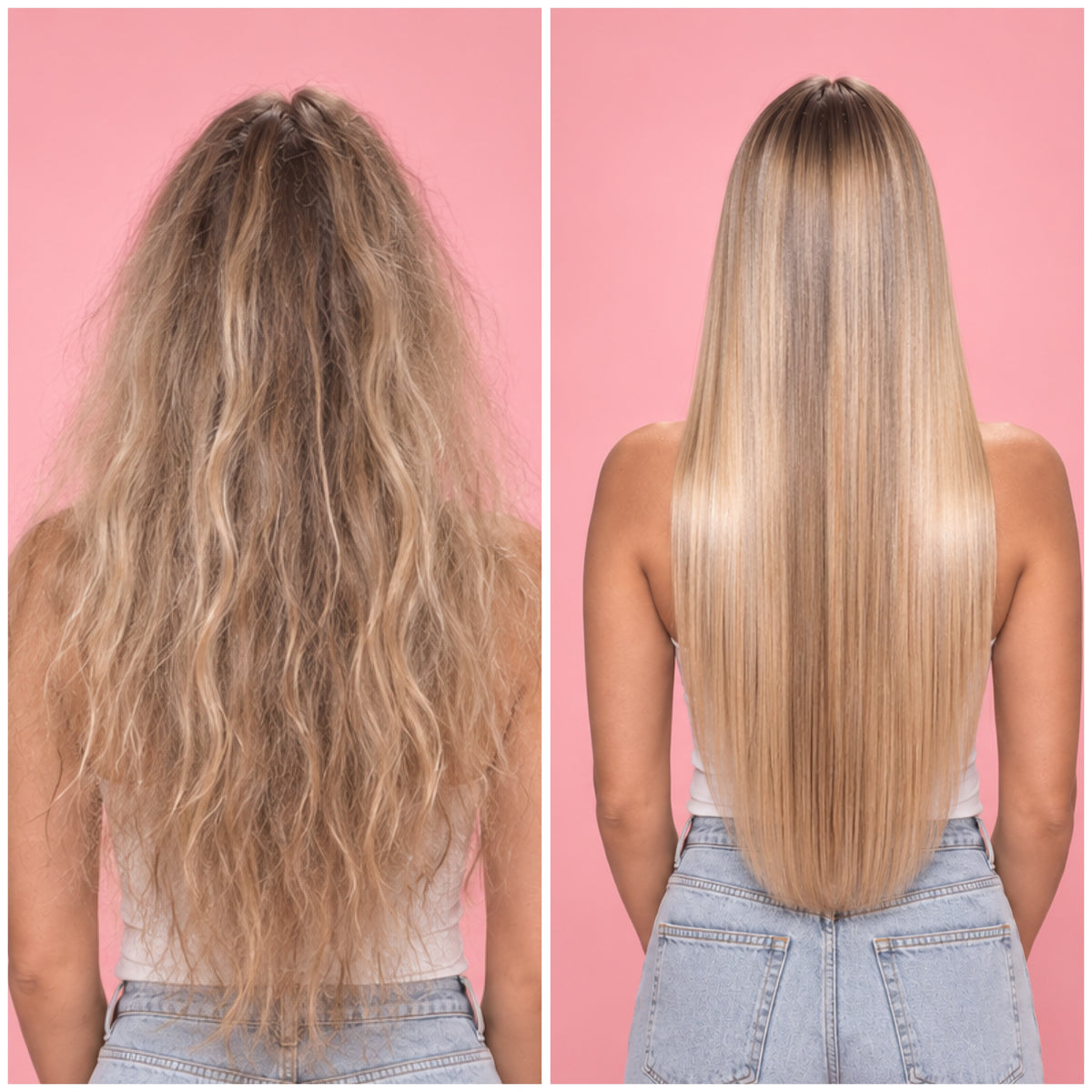 Avant et après une Lissoplastie BLUSH sur cheveux blonds, montrant des cheveux plus lisses, disciplinés et brillants après le traitement.