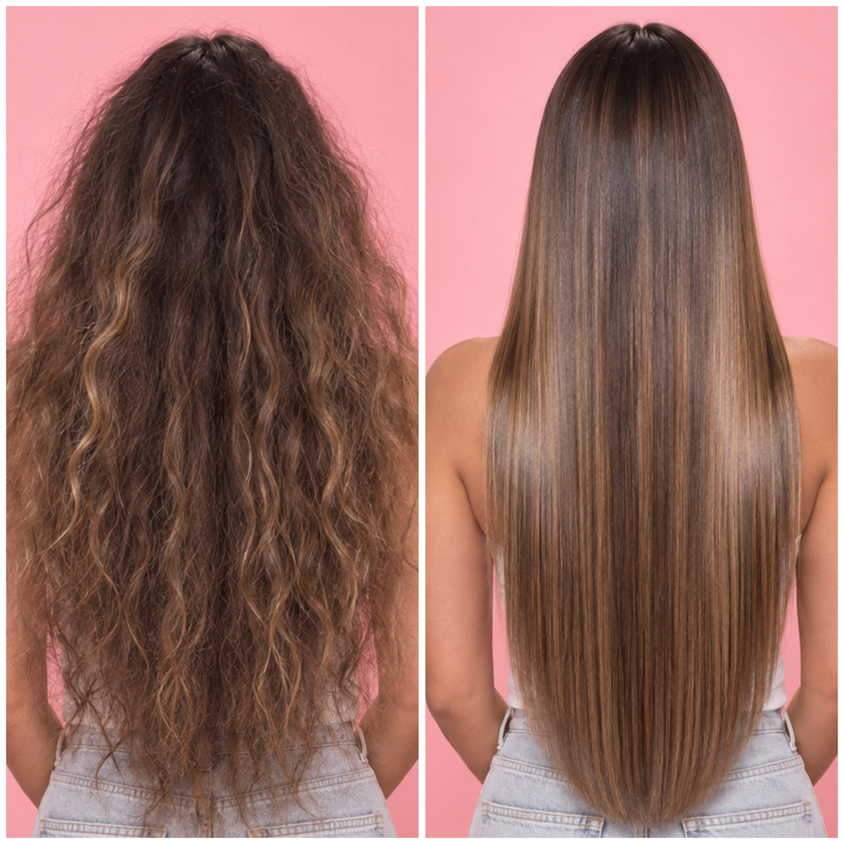 Résultat avant et après une Lissoplastie BLUSH sur de longs cheveux bruns, avec une chevelure visiblement plus lisse, brillante et disciplinée.