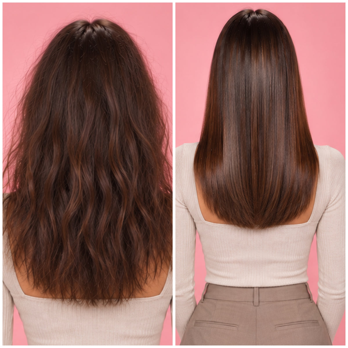Avant et après une Lissoplastie BLUSH sur cheveux bruns mi-longs, illustrant un résultat lisse, brillant et uniforme.