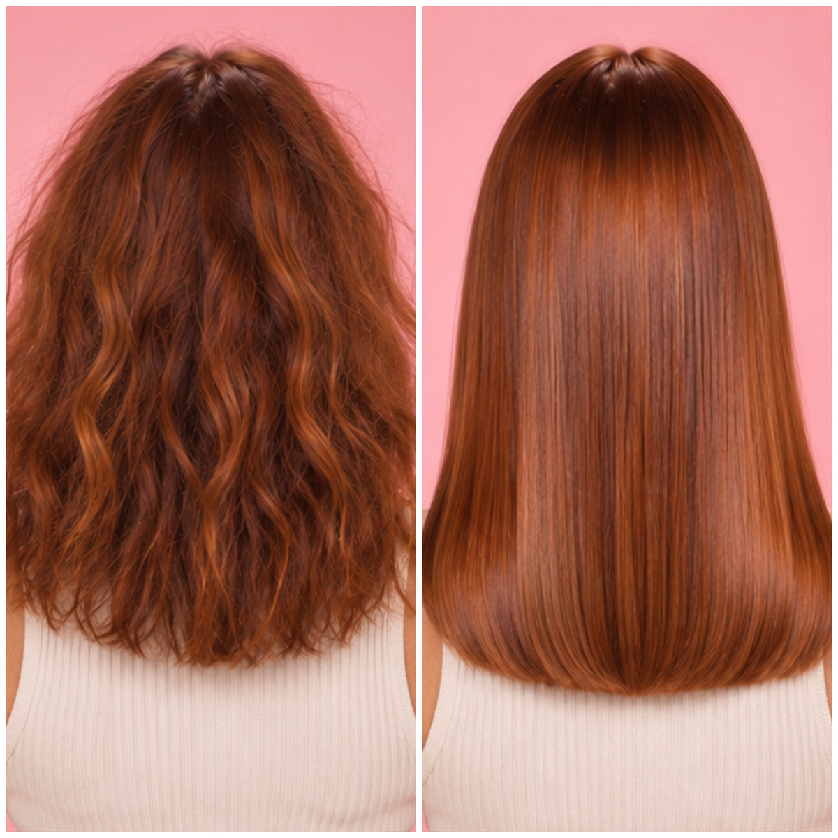 Résultat avant et après une Lissoplastie BLUSH sur cheveux cuivrés, montrant une chevelure plus lisse, disciplinée et brillante.