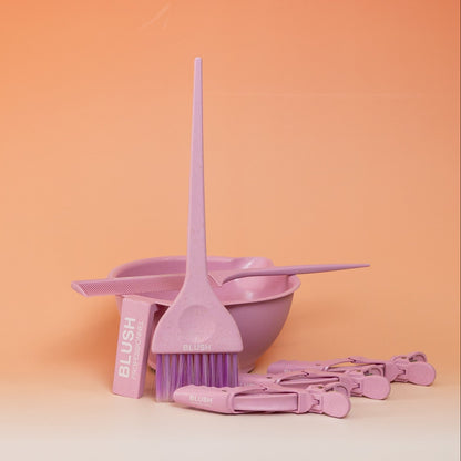 Pink BLUSH hair application kit including a mixing bowl, application brush, tail comb, and three sectioning clips for easy and precise product application