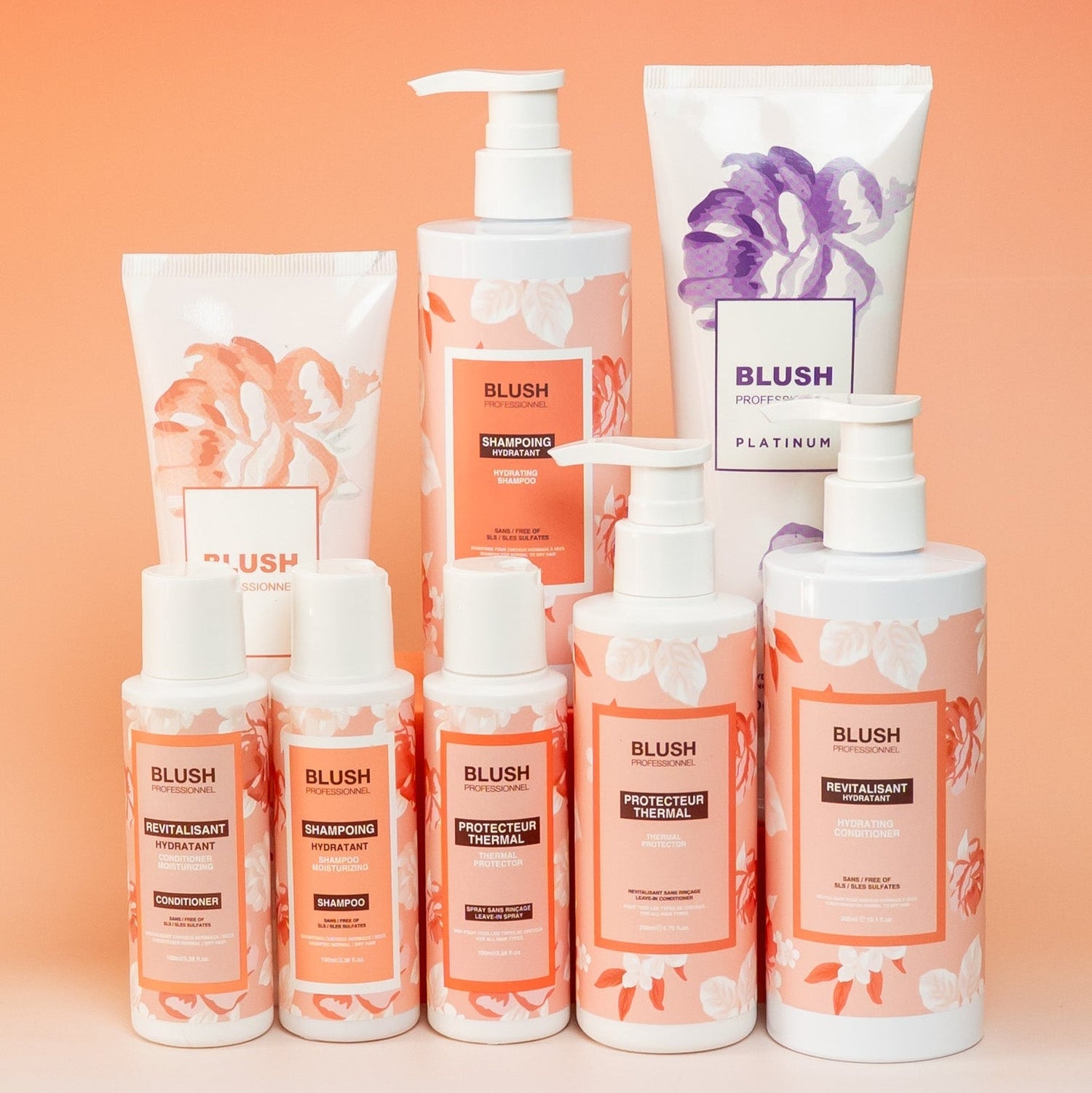 Complete BLUSH hydrating hair care routine set including hair mask, plastic cap, 300 ml shampoo, 300 ml conditioner, and travel-size products for soft, shiny, and hydrated hair